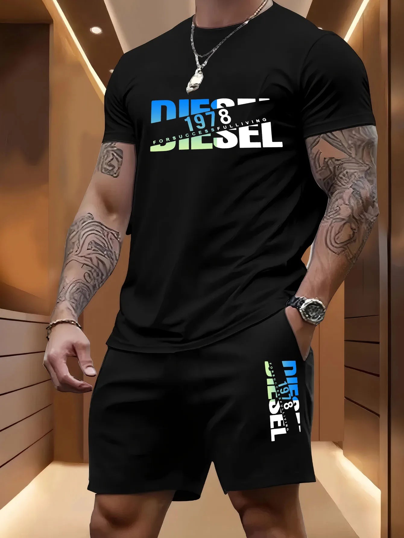 Summer men's casual two-piece set round-neck short-sleeved T-shirt and sports shorts for outdoor activities
