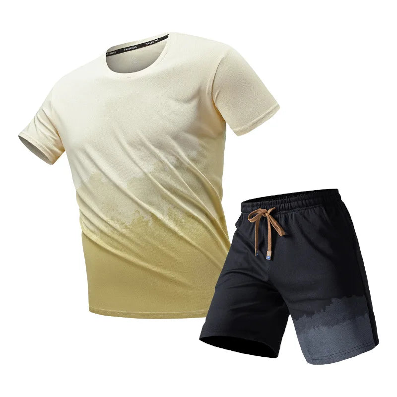 Men Summer T-Shirts Sets Outdoor Run Fitness Clothing Fashion Sports Short Sleeve Top Shorts Suit Daily Leisure Two-Piece Outfit