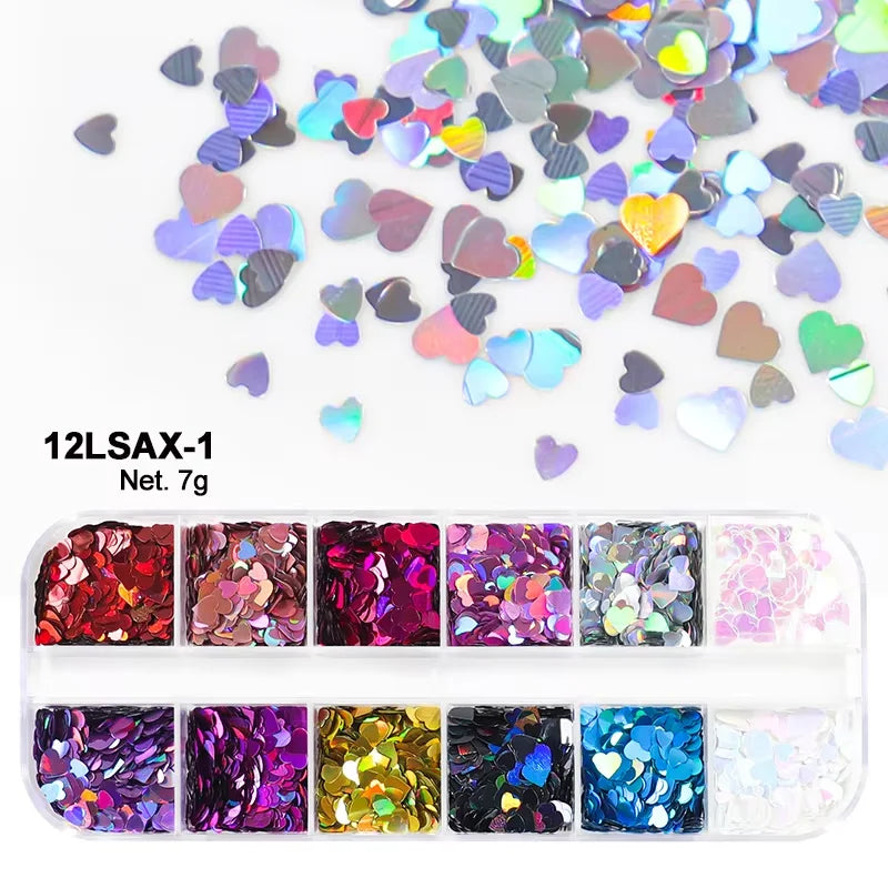 Holographic Sweet Love Heart Nail Art Glitter Sequins Shining Laser Fluorescence Star Butterfly 3D Nails Decorations Accessories