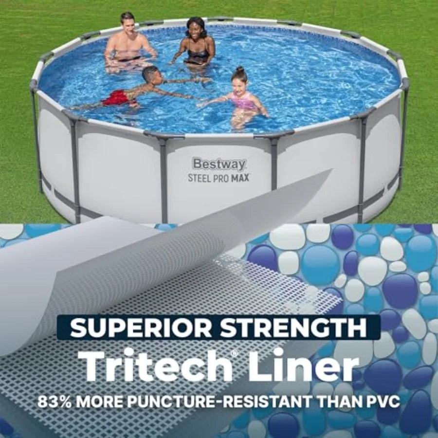 Outdoor swimming pool set for backyard use, steel frame with gray finish, includes filter pump, ladder, and cover