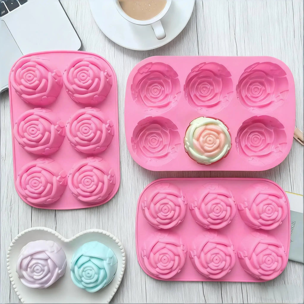 1pc 6 Hole Silicone Rose Cake Mold Rose Soap Molds Non-Stick Handmade Candle Mould Muffin Candy DIY Baking Tray Jelly Tool