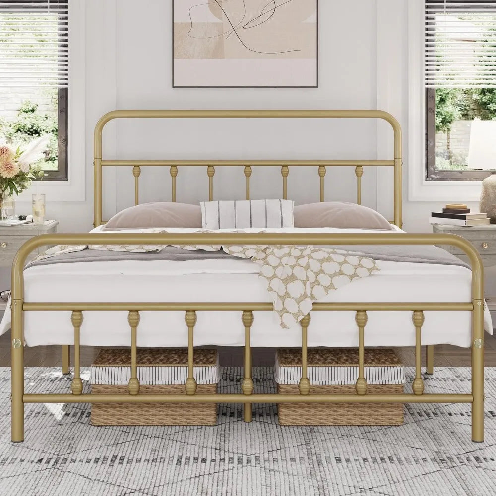 Classic Metal Platform Bed Frame Mattress Foundation with Victorian Style Iron-Art Headboard/Footboard/Under Bed Customized