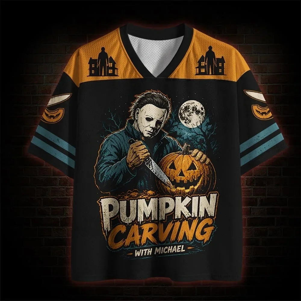 Unisex HalloweenGothic Dark Retro Style Pumpkin Carving 3D Print V Neck Fashion T Shirt Summer Loose Breathable Short Sleeve Tee