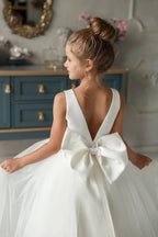 White Flower Girl Dress Princess Flower Girl Dresses White Communion Kid Satin Corest  Toddler Tiered Train Ball Gown