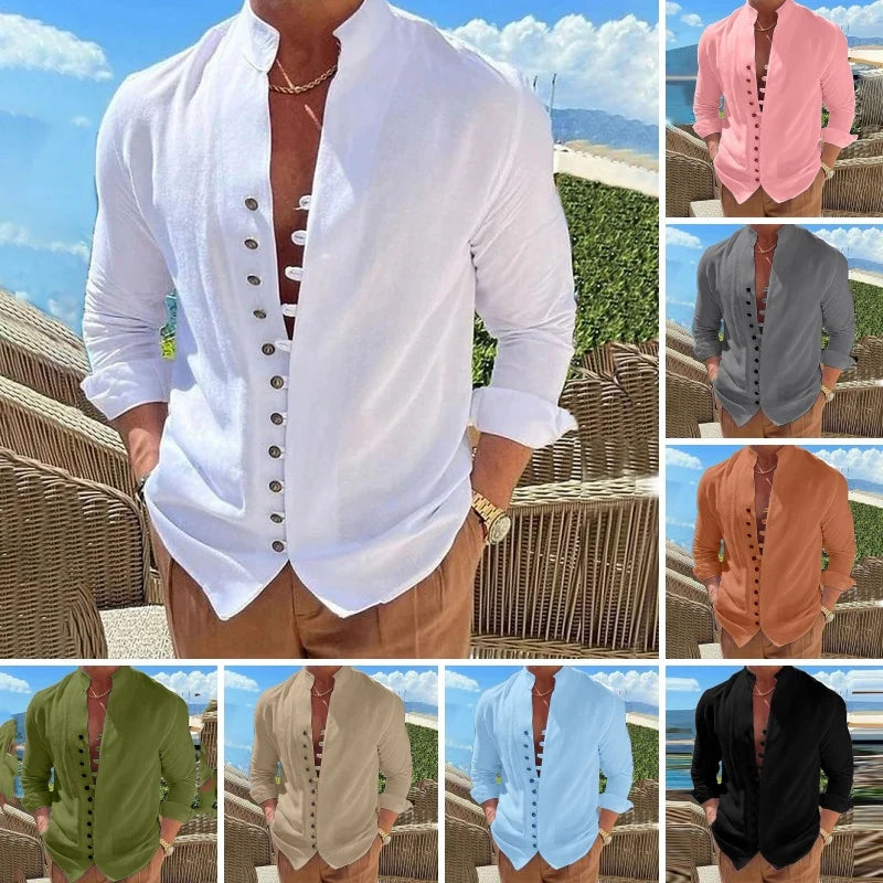 New Men's Vintage Casual Shirts 2025 Linen Long Sleeve Street Wear Lapel Button Solid Color Shirt For Men Vacation Blouse Top