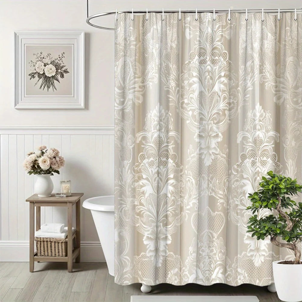 Elegant Luxury Damask Print Shower Curtain Waterproof Beige Gold Bathroom Shower Curtain Liner for Home Decor