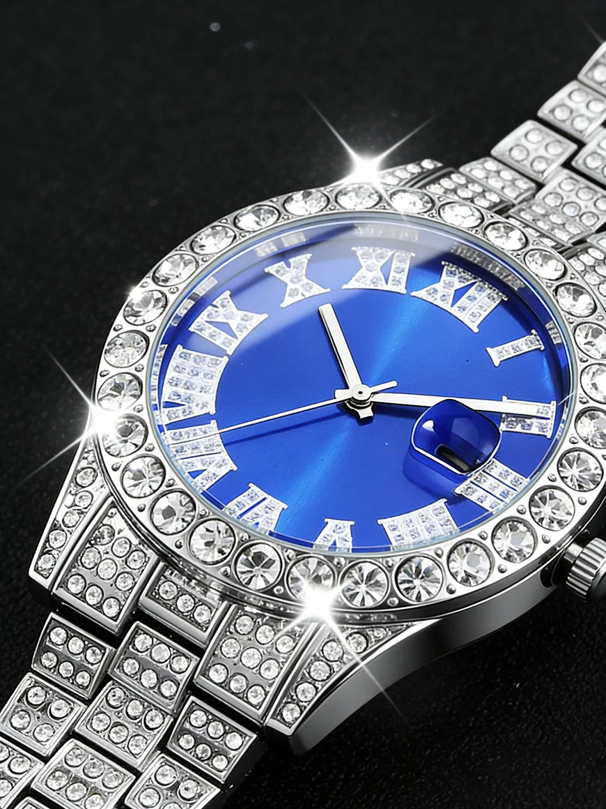 Men's Watch Set with Trendy Chain And Calendar Function Embedded Craft Design Birthday Gift