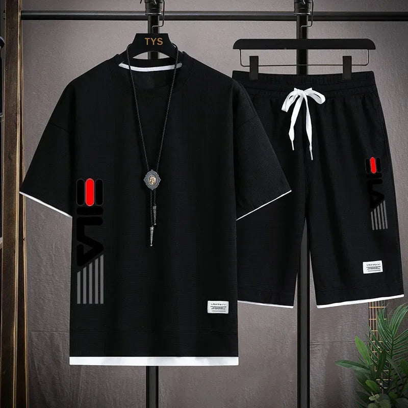 2025 Summer New Casual Men's short-sleeved T-shirt and Shorts 2-piece outdoor men's round-neck short-sleeved sportswear set