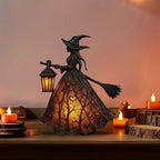 Halloween Witch Lantern LED Night Light Resin Statue Gothic Home Decor with Broom for Spooky Party