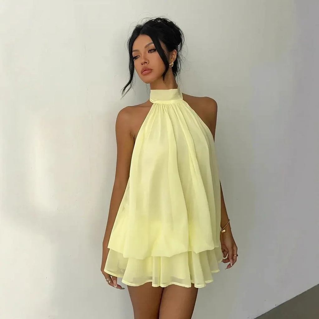 Women's Vacation Slim Fit Dress Sexy Backless Halter Neck Lace-up Versatile Solid Color Dress Stylish Comfortable Summer Vestido