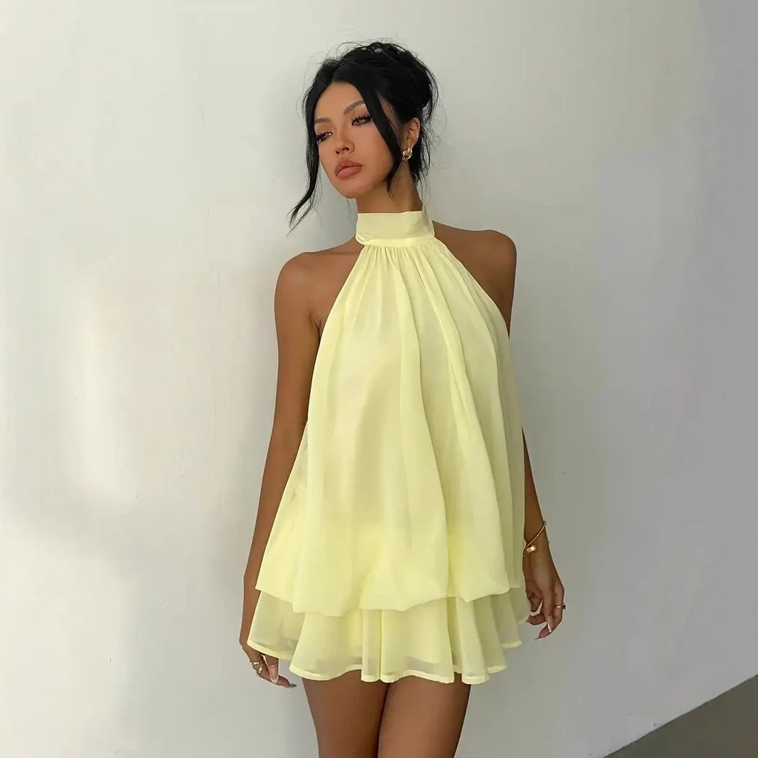 Women's Vacation Slim Fit Dress Sexy Backless Halter Neck Lace-up Versatile Solid Color Dress Stylish Comfortable Summer Vestido