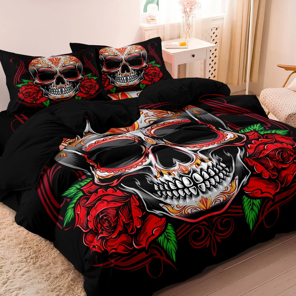 3Pcs Gothic Mexican Sugar Skull Woman Duvet Cover Bedding Set Floral & Skull Patterns - Ideal For Day Of The Dead Celebrations