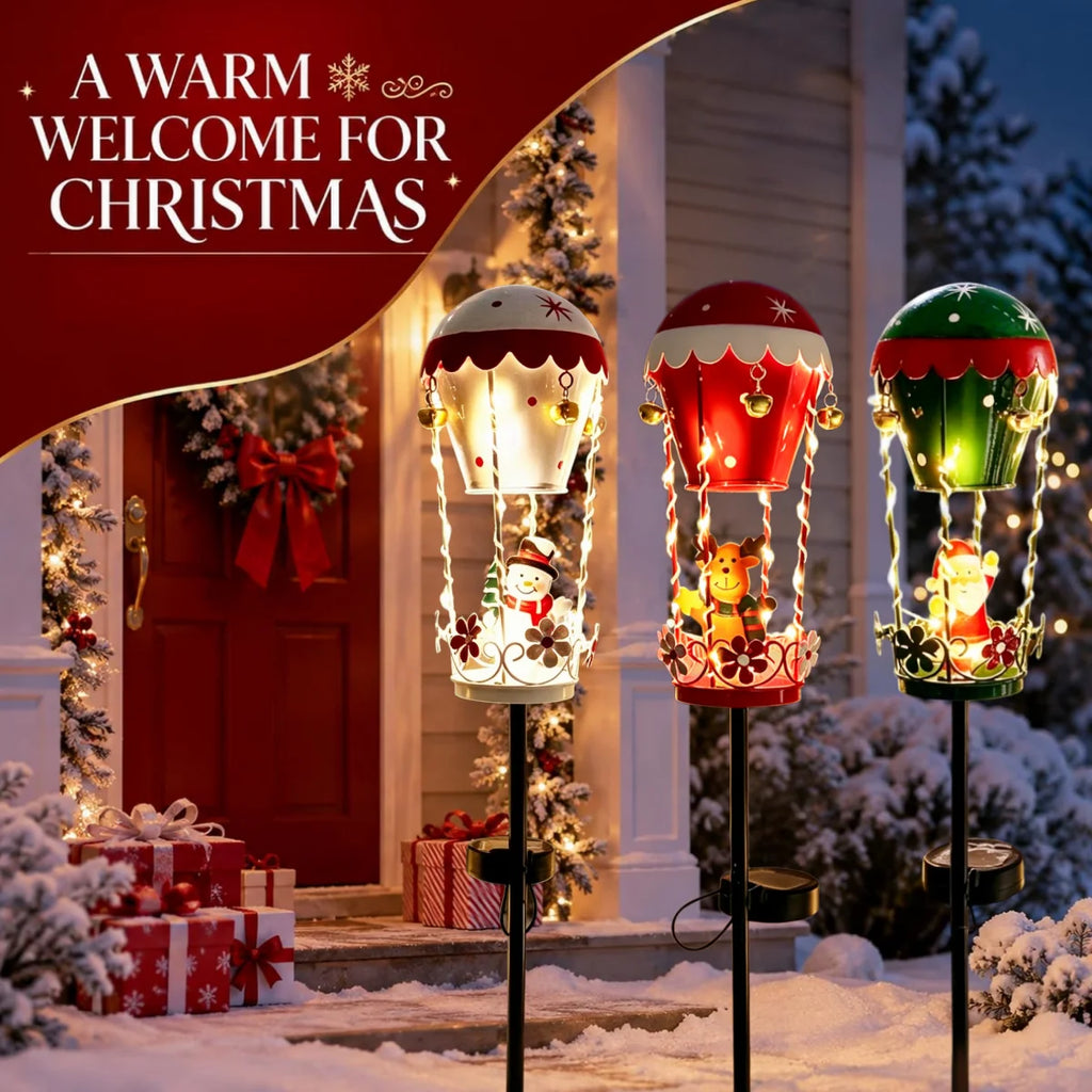 Outdoor Garden Solar Stake Light, Garden Iron Christmas Statue Light, Garden Solar Christmas Iron Santa Claus Sitting on a Hot Air balloon with Bells and Lights Inserted, for Yard Pathway Christmas Home Decor
