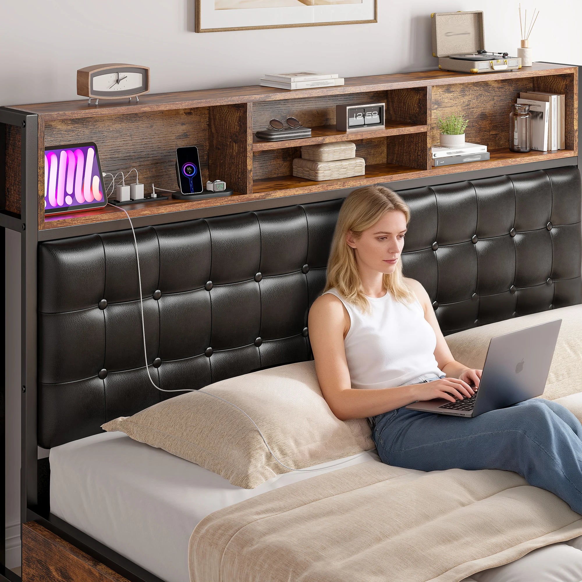 EnHomee Full/Queen/King Bed Frame with Charging Station and 4 Storage Drawers Platform Bed Frame with Upholstered Headboard No Noise