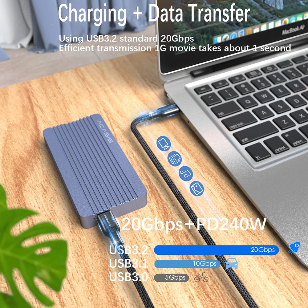 Full function 20Gbps Type C Cable USB3.2 gen2 *2 USB C 20G Data Transfer Cord USB 3 240W Fast Charge Cable 4K For Hub 0.2m 3m 5m