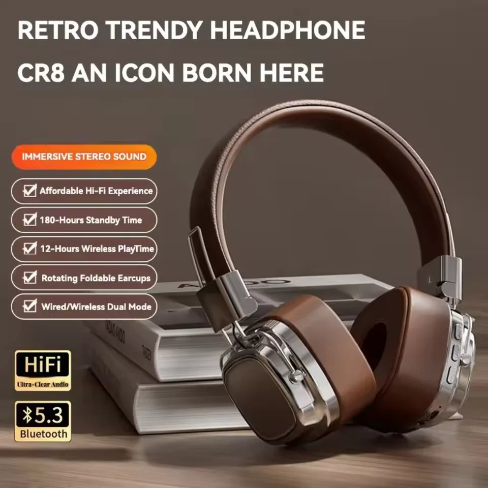 Retro On Ear Headphones Wireless Bluetooth 5.3 Headsets HIFI Stereo Sounds Gaming Earphones TF/AUX Music Player Noise Reduction