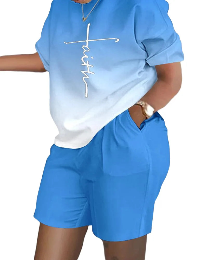 Women's T-shirt+Hot Pants Two Piece Set 2024 Summer Fashion Casual Printing Quick Drying Sports Fitness Top Shorts Female Suit