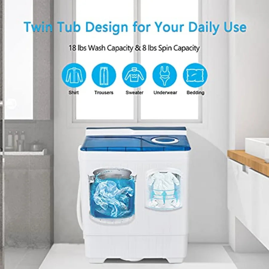 Portable washing machine for apartment RV use, blue plastic twin tub with 26 lbs total capacity 18 lbs washer + 8 lbs spinner,c