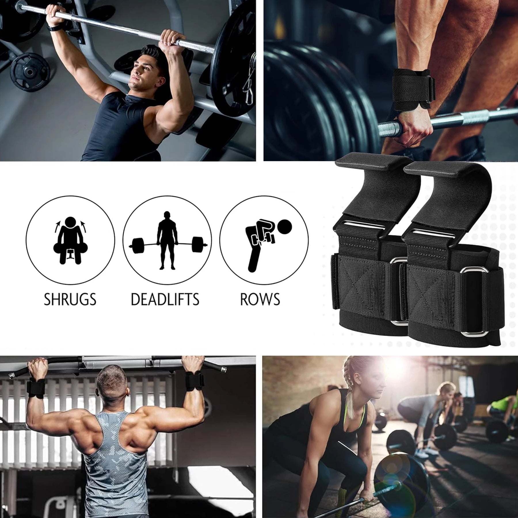 Fitness Weight Lifting Hooks for Men & Women (Pair), Weight Grips for Powerlifting, Gym Lifting Straps with Pull Up Hooks