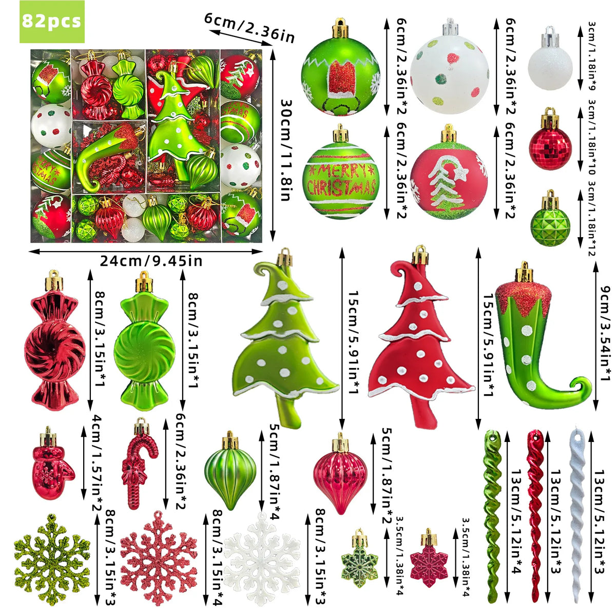 82PCS Assorted Christmas Ornaments Set Large Christmas Tree Decorations 3–8CM Christmas Balls Assorted Xmas Ornaments Decor Set