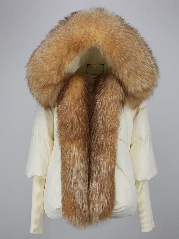 2024 Winter Puffer Jacket Women Real Fox Fur Collar Hooded Natural Thick Warm Loose Oversize Duck Down Coat Streetwear Outerwear