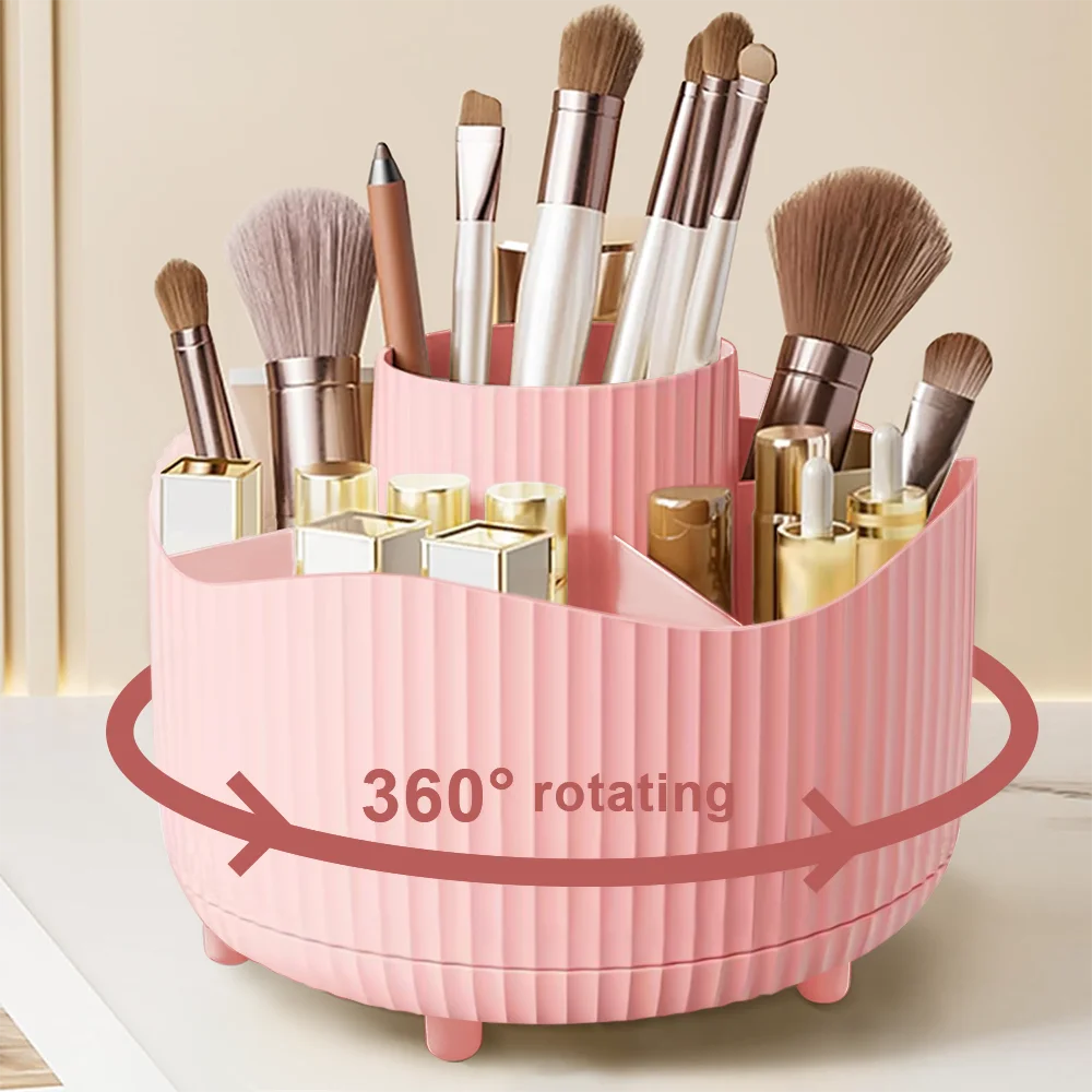 Rotating Makeup Organizer, Cosmetic Display Case with Brush Holder Perfume Tray, Storage Carousel for Vanity Bathroom Countertop