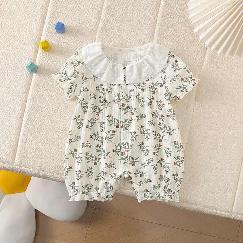 2025 Newborn Toddler Baby Girl Romper Short Sleeve Lace Collar Cotton Thin Breathable Summer Floral Dot Leaf Print Cute Jumpsuit