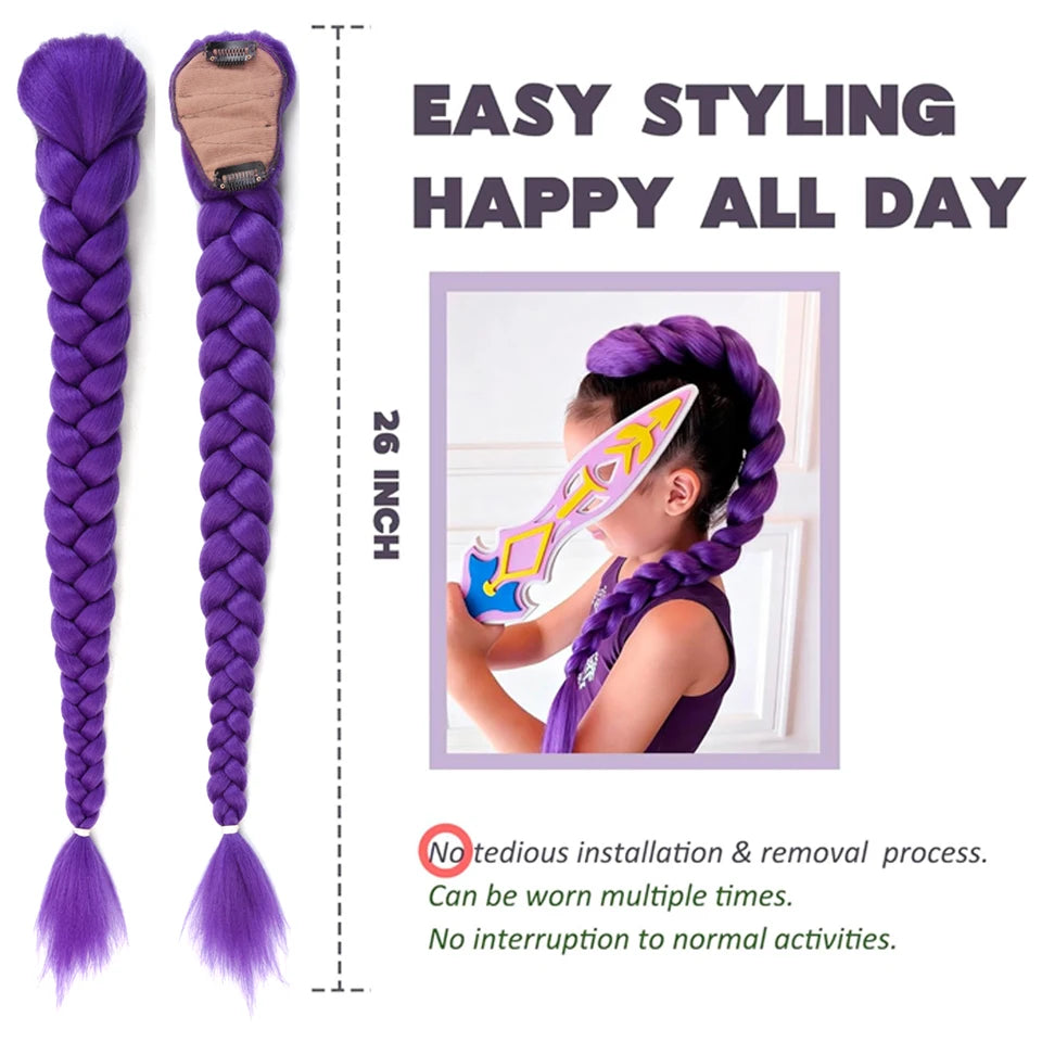 Synthetic Braided Purple Hair Ponytail Rumo Costume Hairstyle 26inch Long Ponytail with Clips for Kids Girls Halloween Christmas