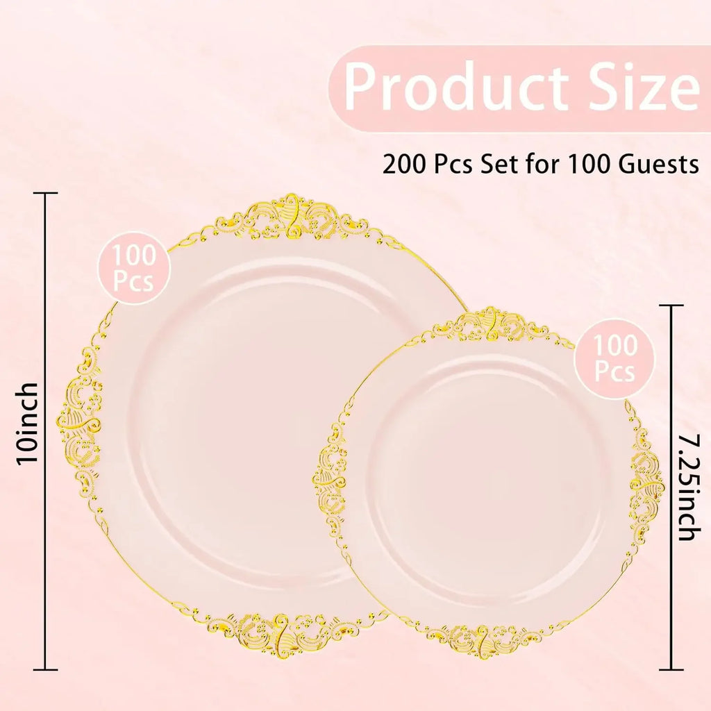 hot-selling200PCS Pink and Gold Plates - Pink Plastic Plates - Fancy Disposable Plate with Gold Rim - Vintage Wedding Dinner & D