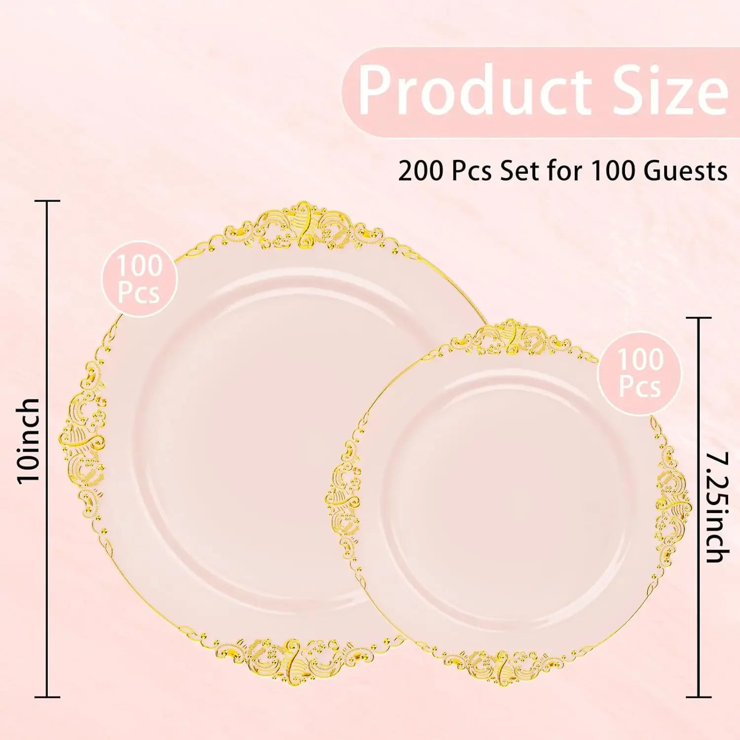 hot-selling200PCS Pink and Gold Plates - Pink Plastic Plates - Fancy Disposable Plate with Gold Rim - Vintage Wedding Dinner & D