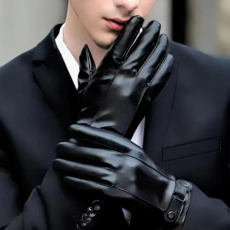 Winter Gloves for Men Genuine Leather Gloves Warm Plus Velvet Touch Screen Gloves Outdoor Cycling Driving Motorcycle PU Gloves