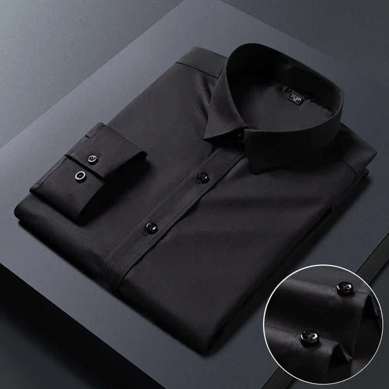 Spring Autumn Men Long Sleeve Shirts Business Casual Wrinkle Resistant Solid Color Formal Dress Slim Fit Work Social Shirt S-8XL