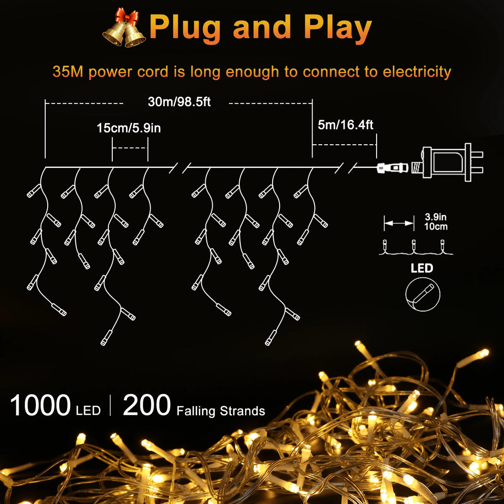 1000 LED Christmas Icicle Lights 98Ft, 8 Modes Connectable Waterproof Outdoor Icicle String Lights with 20 Cable Ties for Roof Gutters Eaves Patio Garden Holiday Decor, Warm White