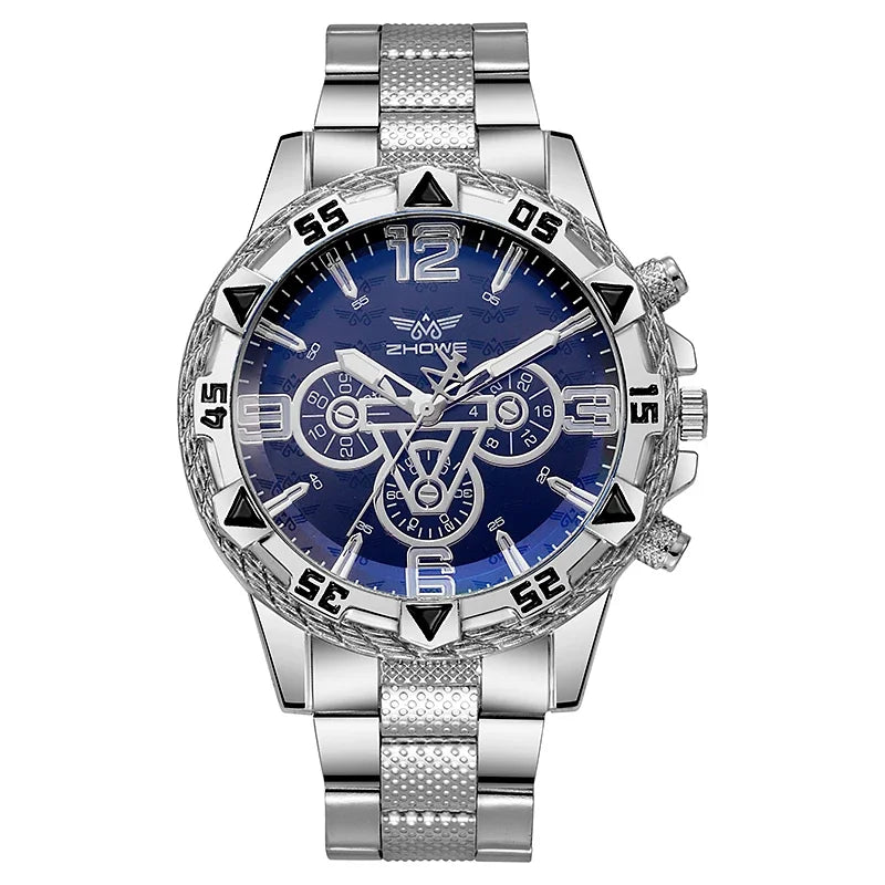 YIKAZE Men's Quartz Wristwatches Business Leisure Fashion Large Dial Alloy Steel Strip Blue Light Three Eye Men's Quartz Watch