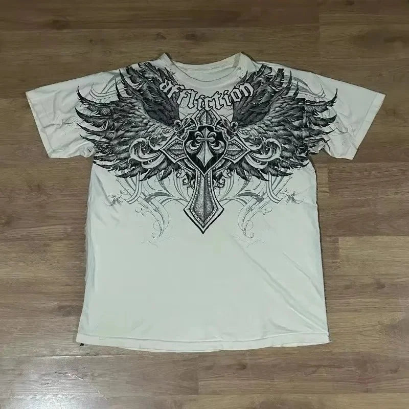 2000s affliction T-shirt Vintage Clothing Punk Hip Hop Graphic Print Oversized T shirt Men Round Neck Cotton Short Sleeve Tops