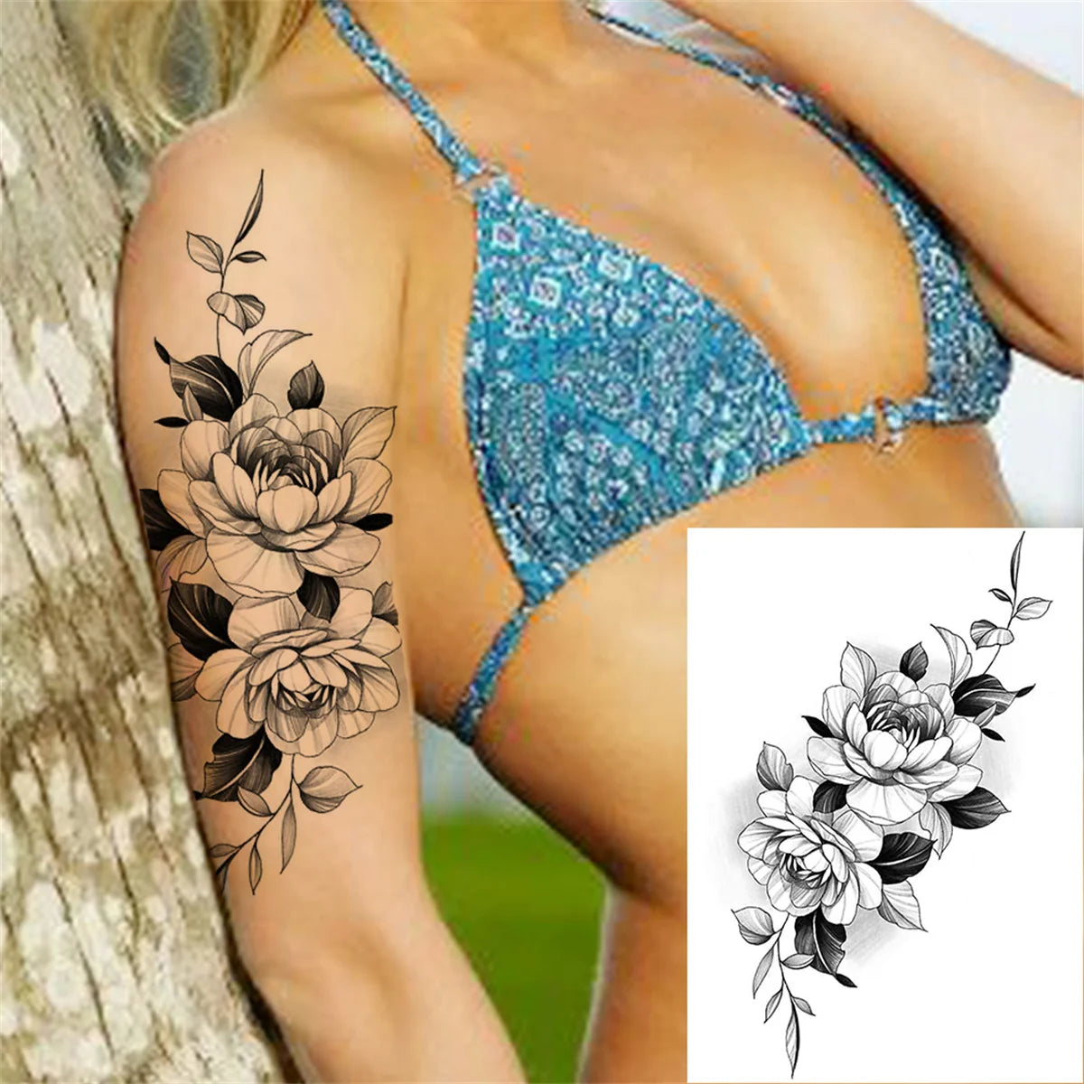 Realistic Sexy Peony Tattoos Temporary Women Adult Flower Arm Tattoos Sticker Waterproof Fake Floral Bloosom Body Leg Art Tatoos