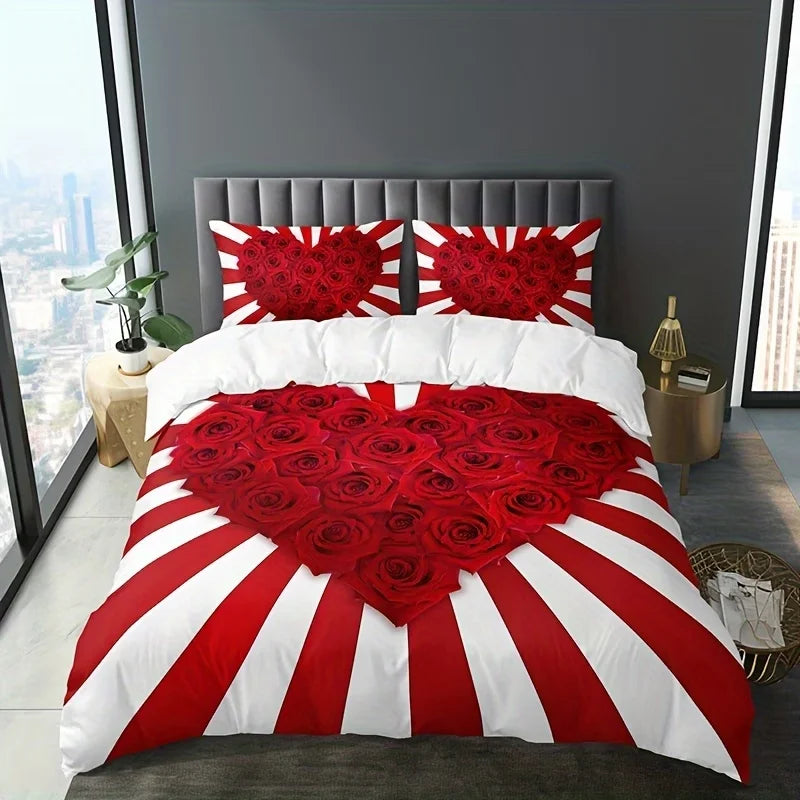 Dark Red And Black Three-Piece Bedding Set with Queen & King Size Featuring Printed English Letters on The Duvet Cover