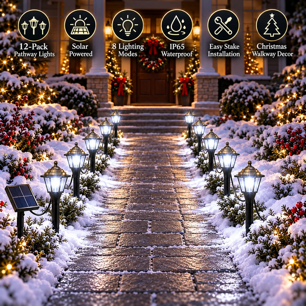 12 Pack Mini Solar Christmas Pathway Lights Outdoor Garden Lantern Stakes LED Waterproof Walkway Yard Decoration Holiday Lights