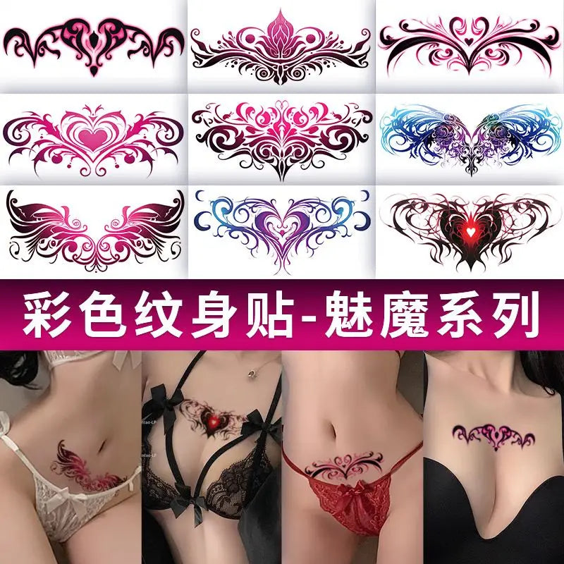 Pink Succubus Totem Tattoo Stickers for Woman Art Temporary Tattoos Set Waterproof Sexy Abdomen Lasting Fake Tattoo Cover Scars
