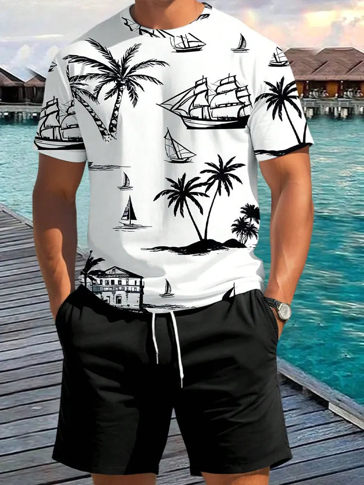 Summer men's two-piece set Hawaii fashion casual men's T-shirt outdoor beach men's shorts palm tree print O-neck short sleeved l