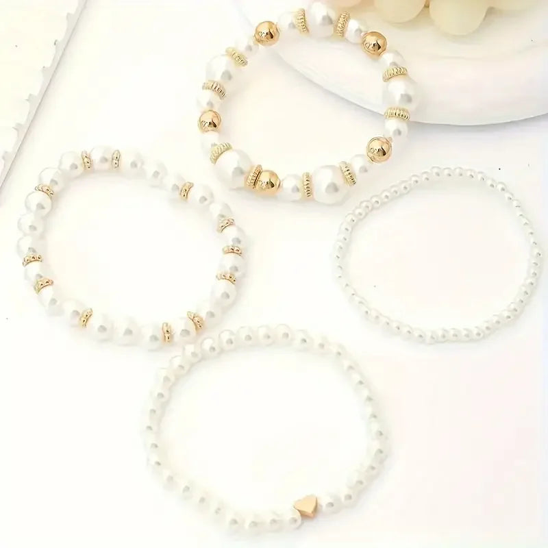 4pcs White Pearl Beaded Bracelets Set  for Women Fashion Chic Gold Color Design Hand Chain Bracelet Vintage French Jewelry Gifts
