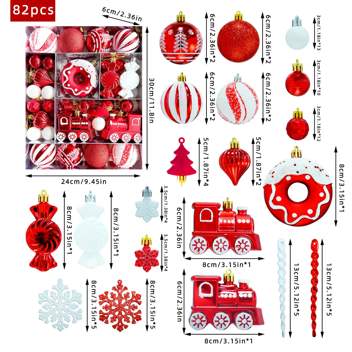 82PCS Assorted Christmas Ornaments Set Large Christmas Tree Decorations 3–8CM Christmas Balls Assorted Xmas Ornaments Decor Set