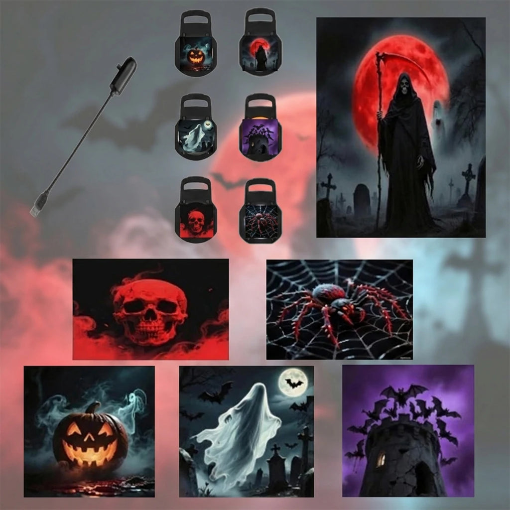 Halloween Projector Light 6 Patterns Mini LED Spooky Projection Lamp Bat Skull Ghost Spider Atmosphere Light Home Party Decor