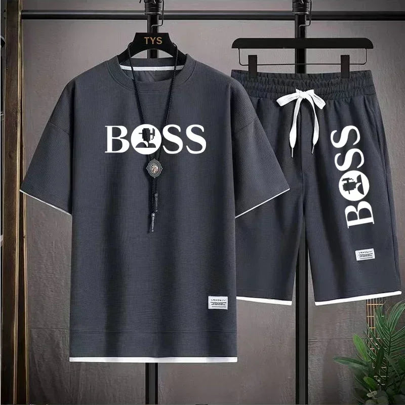 Summer 2025 new men's breathable short-sleeved T-shirt + quick-drying shorts two-piece set, outdoor fashionable men's sportswear