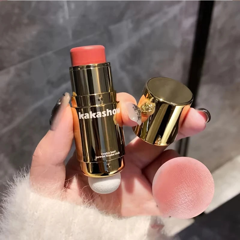 Double Head Powder Blusher Stick, Multi-use Cream Blush Stick with Sponge Tip, Long-lasting Natural Cheek Tint, Portable Makeup