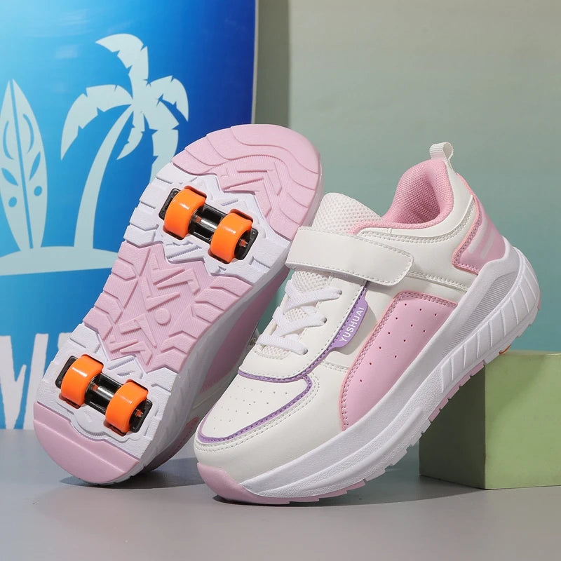 Kids Roller Skates, 4 Wheels Detachable Wheeled Sneakers, Girls Outdoor Sports Deformable Wheel Shoes