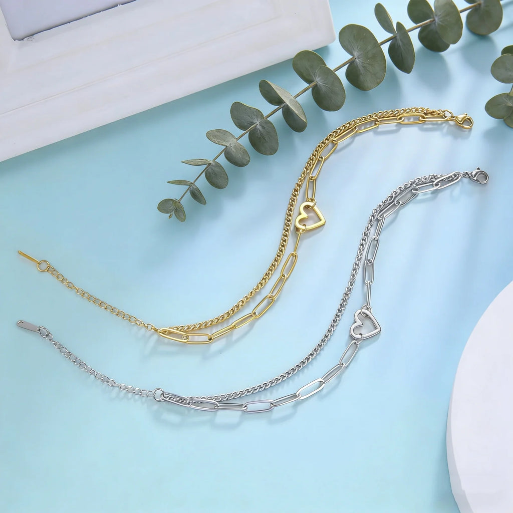 Heart Charm Bracelet Women's Stainless Steel Double Layer Paper Clip Chain Bracelet Jewelry Valentine's Day Gift New