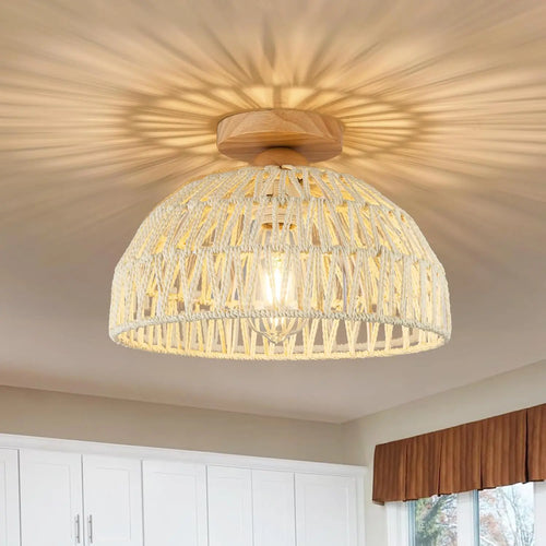 23/30cm Rattan Ceiling Light Fixtures Boho Chandeliers Lights Cream White/Beige/Black semi Flush Mount Ceiling Lamps for hallway