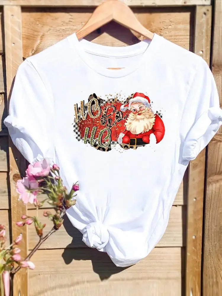 Merry Christmas New Year Holiday Graphic T Tee Fashion Cat Tree Lovely 90s Cute Harajuku Kawaii T-shirt Women's Y2K Clothing