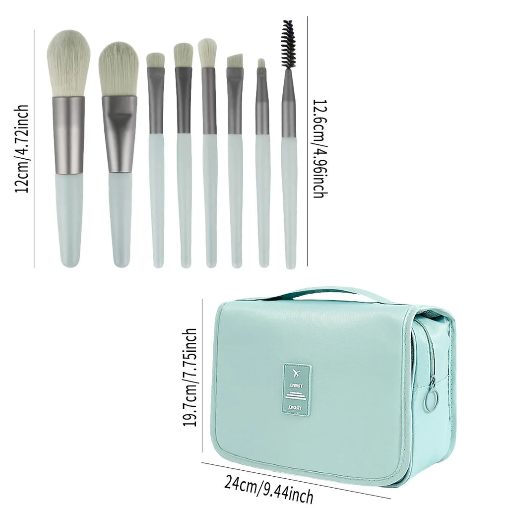 Multi-piece set of beauty tools, blue hair with water droplets, powder puff, skin-friendly, soft makeup brush, complete set